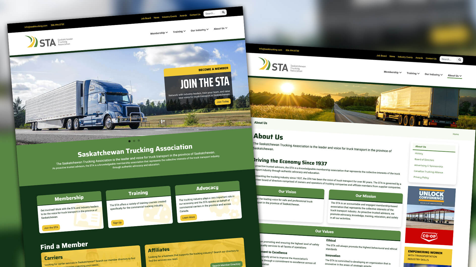 Amplify Digital Marketing Corporation, Saskatchewan Trucking Association, Website, STA Website, Portfolio Image, Home, About content pages Saskatchewan Trucking Association, Website, STA Website, Portfolio Image, Home, About content pages